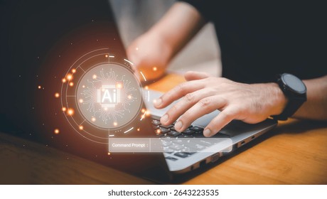 AI assistant dashboard interface with hands typing on laptop and virtual command prompt, representing artificial intelligence tools, smart assistant system, and digital automation solutions.