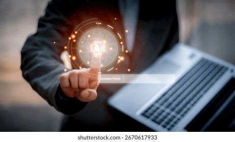 AI assistant dashboard interface with hands typing on laptop and virtual command prompt, representing artificial intelligence tools, smart assistant system, and digital automation solutions.