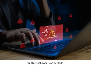 AI assistant detects system breach and security threats with alert interface, ideal for illustrating cyberattack warning, AI monitoring and automated incident response systems. Cybersecurity with AI.