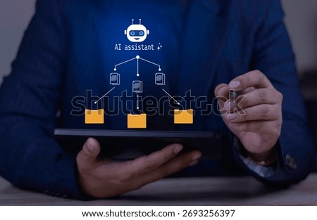 AI assistant for document sorting. Businessman using AI bot on tablet to automate file categorization, classification, and workflow organization.