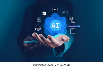 AI assistant for multimedia, data, productivity, automation, and content creation. A business professional uses a laptop with virtual AI interface icons, enhancing workflow and innovation.