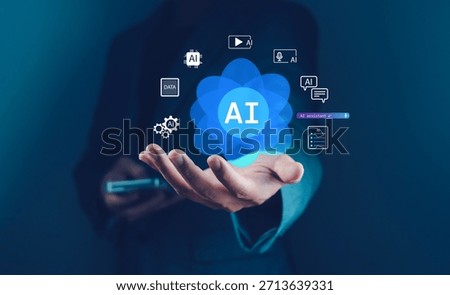 AI assistant for multimedia, data, productivity, automation, and content creation. A business professional uses a laptop with virtual AI interface icons, enhancing workflow and innovation.