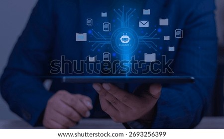 AI assistant for PDF and document management. Businessman using tablet to automate PDF file organization, data sorting, and information processing.