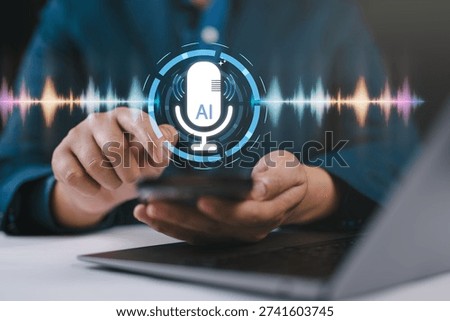 AI assistant voice chat interface with person speaking through microphone. Digital communication, speech recognition, and smart technology enabling natural conversation and real-time interaction.