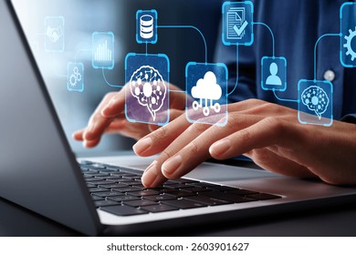 AI automation and API automation. Data transfer through system integration. Intelligent process automation technology solutions. Businessman using laptop computer for managing automation technology.