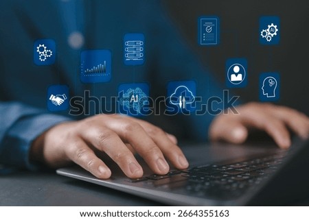AI automation and API automation. Data transfer through system integration. Intelligent process automation technology solutions. Businessman using laptop computer for managing automation technology.