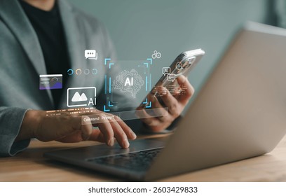 AI Automation and Processing Technology for Efficient Workflow Management and Innovation. Professional using a laptop with virtual assistant, chatbot, data analytics, and smart content generation.