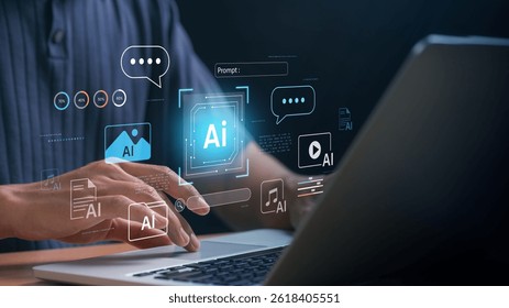 AI Automation and Processing Technology for Efficient Workflow Management and Innovation. professional using a laptop with an virtual assistant, chatbot, data analytics, and smart content generation.