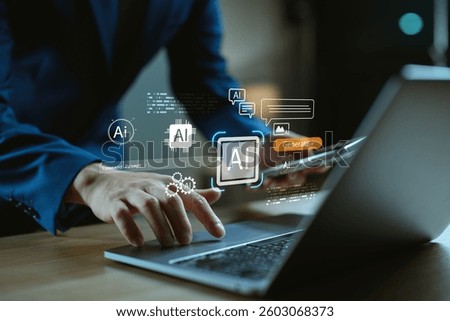AI Automation, Processing Technology for Efficient Workflow Management and Innovation. Professional using a laptop with a virtual assistant, chatbot, data analytics, and smart content generation.