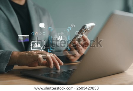AI Automation and Processing Technology for Efficient Workflow Management and Innovation. Professional using a laptop with virtual assistant, chatbot, data analytics, and smart content generation.