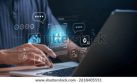 AI Automation and Processing Technology for Efficient Workflow Management and Innovation. professional using a laptop with an virtual assistant, chatbot, data analytics, and smart content generation.