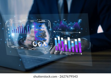 AI automation system processing business analytics on a digital holographic screen with interactive financial graphs and performance metrics

Keywords: