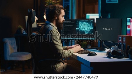 AI becoming sentient, talking with programmer, asking questions about itself. Concept of artificial intelligence wishing to befriend humanity after becoming self aware, communicating, camera A