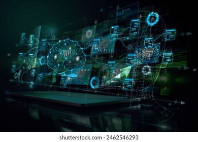 AI, Big Data, and business analytics icons represent the integration of advanced technology in analyzing graphs, business data, and market trends, driving strategic decisions and innovative solutions.