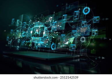 AI, Big Data, and business analytics icons represent the integration of advanced technology in analyzing graphs, business data, and market trends, driving strategic decisions and innovative solutions. - Powered by Shutterstock