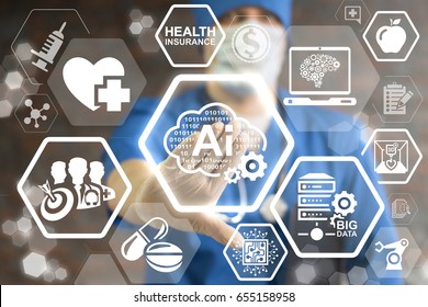 AI Binary Cloud Smart Medicine Innovation Technology Integration. Binary digital smart storage in health care. Intellectual server big data technology. Doctor pressing cloud 0 1 ai gear button. - Powered by Shutterstock