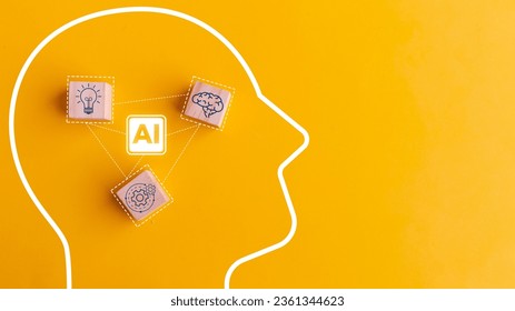 AI with Brain is learning to process big data, analyze information. Face of cyber mind. Artificial intelligence in humanoid head with neural network thinks. Technology background concept.