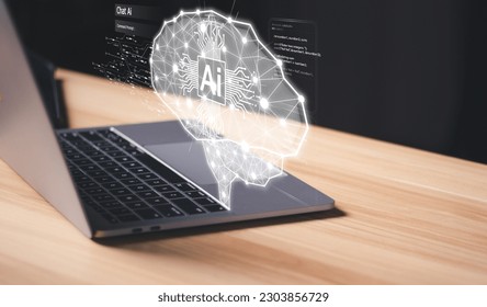 AI brain on laptop computer for digital conversation, Artificial intelligence (AI), data mining, deep learning modern computer technologies. Futuristic Cyber Technology Innovation. 