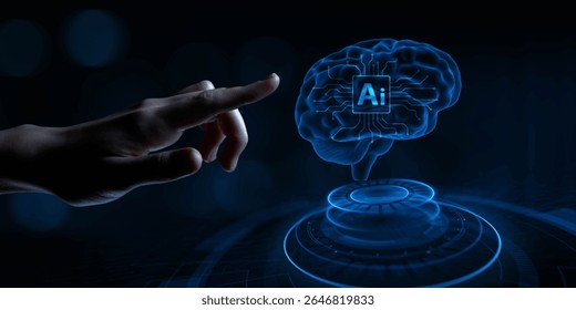 AI Brain Visualization in Digital Transformation, Machine Learning, Data Processing, and Business Technology Concept.