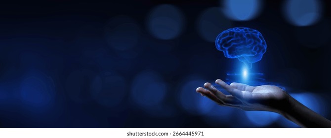 AI Brain Visualization in Human Hand for Data Processing and Machine Learning Insights, Business and Technology Concept.