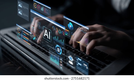 AI business intelligence interface featuring real-time AI data visualization, predictive AI model graphs, and automated report tools driven by AI artificial intelligence for business solution. Corpus - Powered by Shutterstock - Get 15% off with code: PIKWIZARD15