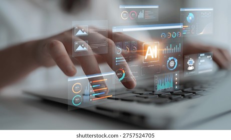 AI business intelligence interface featuring real-time AI data visualization, predictive AI model graphs, and automated report tools driven by AI artificial intelligence for business solution. Corpus
