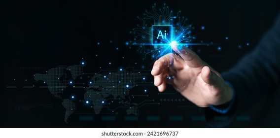 AI ,Business visionary points to AI letter icon on a world map, symbolizing the strategic utilization of AI in global business. Embrace innovation and navigate the future of intelligent technology