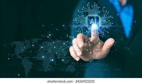 AI ,Business visionary points to AI letter icon on a world map, symbolizing the strategic utilization of AI in global business. Embrace innovation and navigate the future of intelligent technology