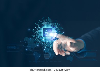 AI ,Business visionary points to AI letter icon on a world map, symbolizing the strategic utilization of AI in global business. Embrace innovation and navigate the future of intelligent technology