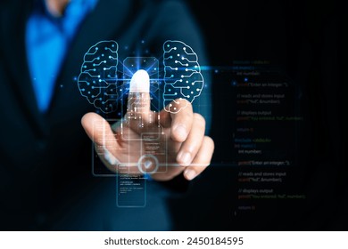 AI ,Business visionary points to AI letter icon on a world map, symbolizing the strategic utilization of AI in global business. Embrace innovation and navigate the future of intelligent technology