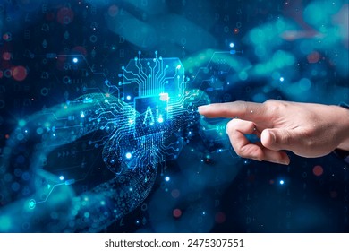 AI ,Business visionary points to AI letter icon on a world map, symbolizing the strategic utilization of AI in global business. Embrace innovation and navigate the future of intelligent technology