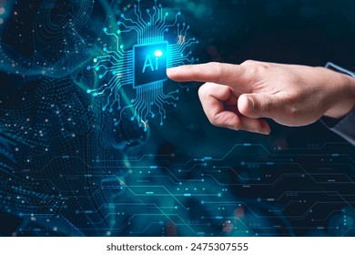 AI ,Business visionary points to AI letter icon on a world map, symbolizing the strategic utilization of AI in global business. Embrace innovation and navigate the future of intelligent technology