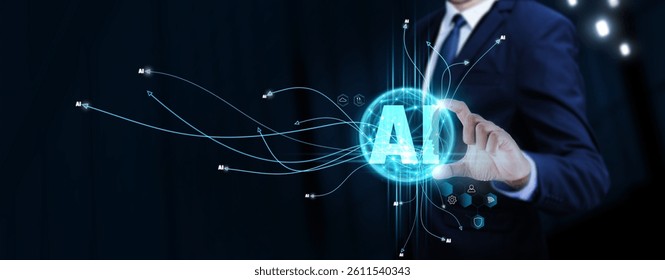 AI: Businessman Touching Digital Global Network of AI Data Exchange. Integration, Optimization on Social Network Connection with Hologram Modern Interface, Advancing Artificial Intelligence.