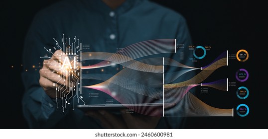 Ai Businessman working with modern interface Business analytics Big data technology and data science. Data flow concept.Business computing digital composite. - Powered by Shutterstock