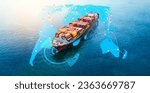 AI Cargo ship technology. Global Logistics international delivery concept, World map with ship transportation and supply chain network distribution container Ship running for export import to customs 
