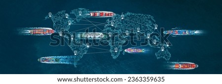 AI Cargo ship technology. Global Logistics international delivery concept, World map logistics and supply chain network distribution container Ship running for export import to customs ocean 