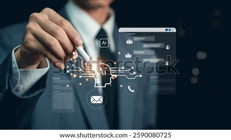 AI Chat BOT Assistant Interaction to Help and Support Customers in Digital Communication, Businessman Using AI Conversation Assistant, Contact Us, Online Service with AI Chatbot for Efficient Support