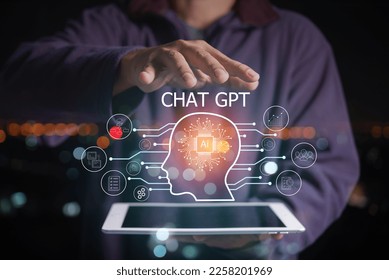 AI chat bot Chatbot Chat with AI, . man using tablet enter command prompt for generates something, Futuristic technology transformation - Shutterstock ID 2258201969