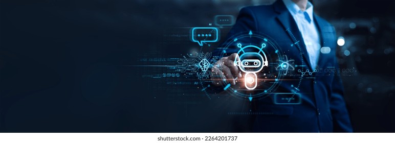 AI chat bot communicate and answer question to businessman with smart solution idea. Artificial Intelligence powered system provide detail conversation interface to assist user making best decision.