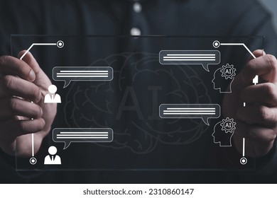 Ai chat bot communicate and interact to businessman provide smart data in natural human like text. Artificial intelligence system assist human decision making best solution to accomplish task