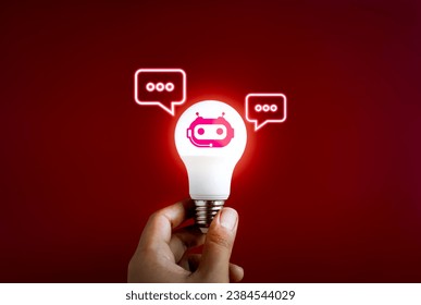 AI chat bot for creativity concept. Digital smart robot assistant  with speech bubbles icon in lightbulb. Inspiration and idea searching automatic service with artificial intelligence technology.