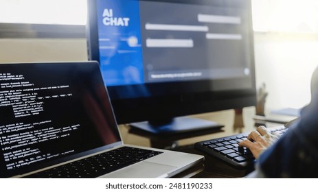 AI chat bot, Programmer using generative artificial intelligence for software development inside office. Virtual chatBot technology trend - Powered by Shutterstock