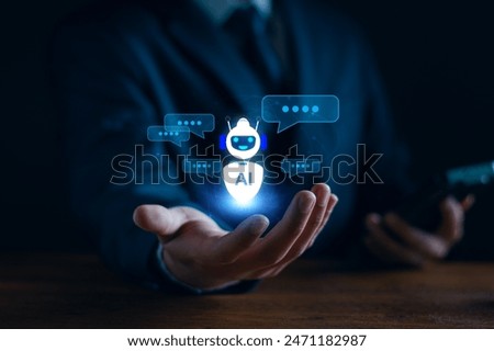 AI chat bot technology concept, business man using technology smart robot AI Intelligence, command prompt generates something. Business futuristic technology transformation. Chat bot with AI