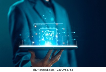 AI chat digital technology development of smart robot conversation. concept of chatbot generates the information command prompt. bot artificial intelligence open for customers, business communication