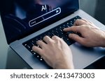 AI chat prompt. Artificial intelligence and digital technology. Man using chatbot with laptop at work. Creative content. Generate text or image. Command input on website. Bot assistant conversation.