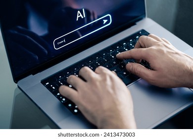 AI chat prompt. Artificial intelligence and digital technology. Man using chatbot with laptop at work. Creative content. Generate text or image. Command input on website. Bot assistant conversation.