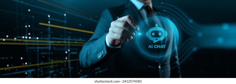 AI Chatbot and Artificial Intelligence Chat Concept. Hand Pressing an Icon on a Virtual Screen