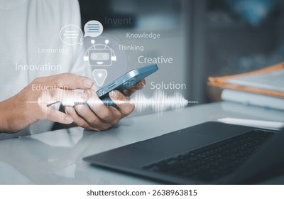 AI chatbot and Artificial intelligence technology concept, man use smartphones to talk with voice to smart robot virtual assistants to trade data in the work process to make the business efficient.