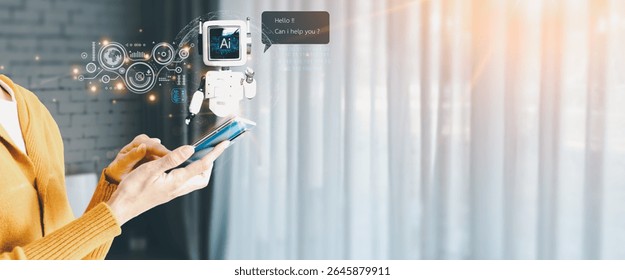 AI chatbot assistance concept. A person in a yellow sweater uses a smartphone indoors, interacting with a holographic AI robot offering help via a digital interface with data and binary code.