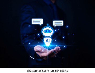 AI Chatbot Assistant or Artificial Intelligence Technology Digital Chatbot accesses intelligence technology in online networks, holographic robot applications and global connectivity. - Powered by Shutterstock - Get 15% off with code: PIKWIZARD15